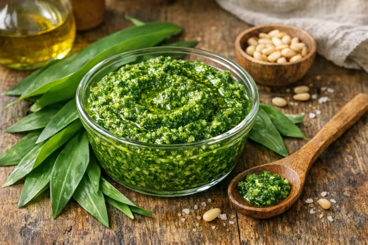 Selbstgemachtes Bärlauchpesto in Glasschüssel mit frischen Bärlauchblättern