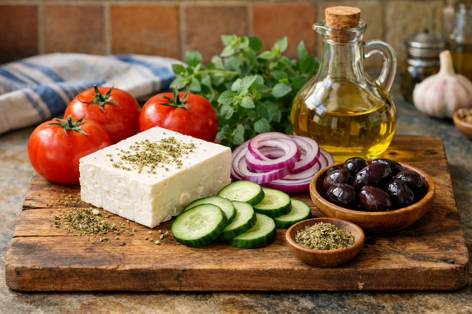 Zutaten für griechischen Salat: Feta Käse, schwarze Oliven, Tomaten, Gurken und Oregano