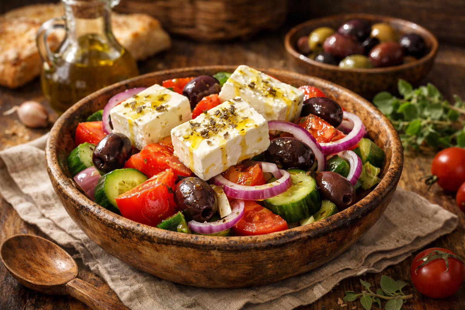 Traditioneller griechischer Horiatiki Salat mit großen Feta Stücken und Olivenöl