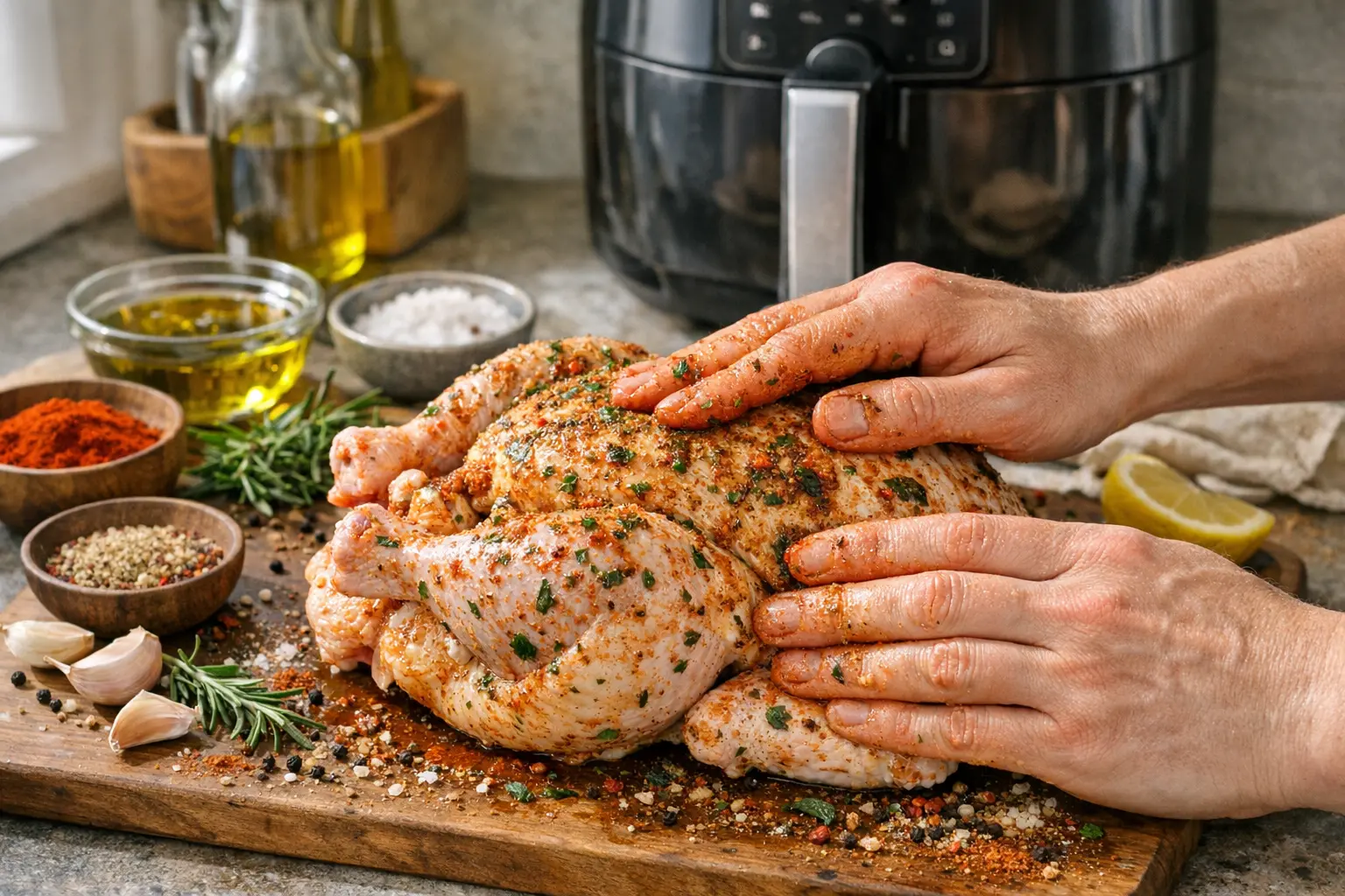 Zubereitung Hähnchen Heißluftfritteuse Gewürze Marinade