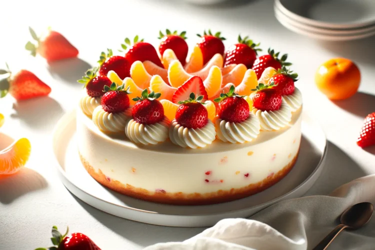Frisch servierte Käsesahnetorte mit Erdbeeren und Mandarinen, cremige Quark-Sahne-Torte 2026