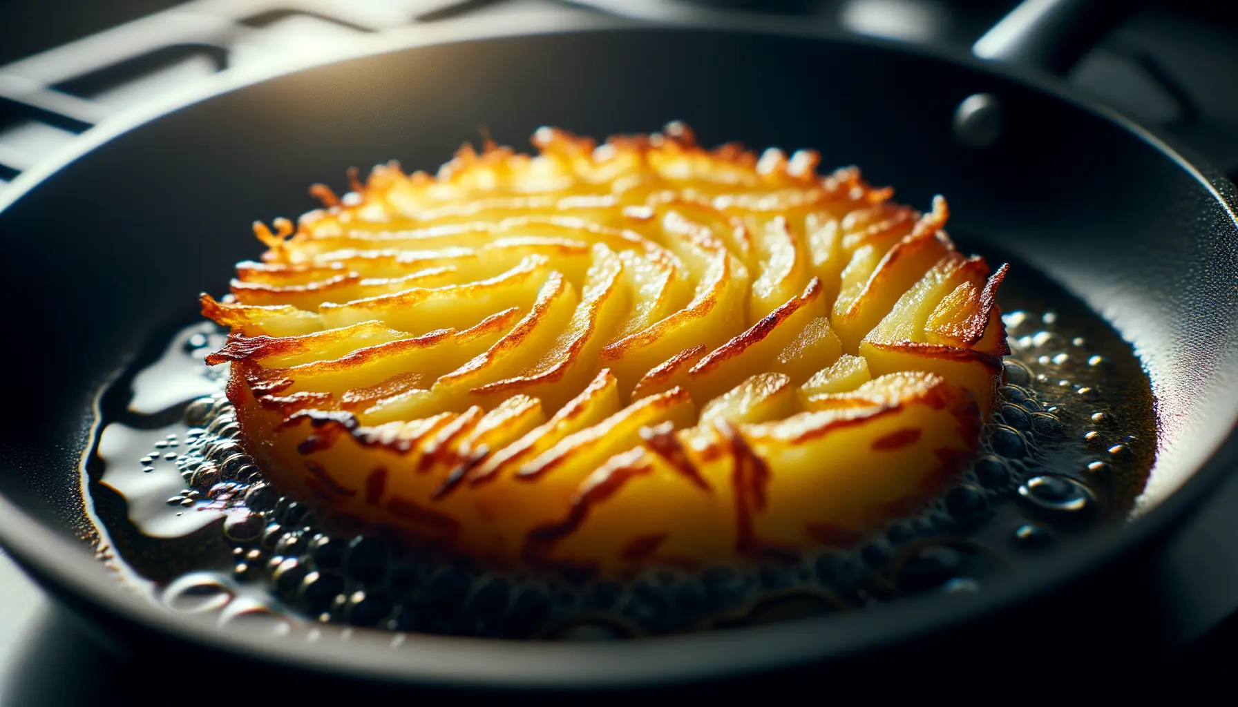 Kartoffelrösti braten in der Pfanne für knusprige Rösti