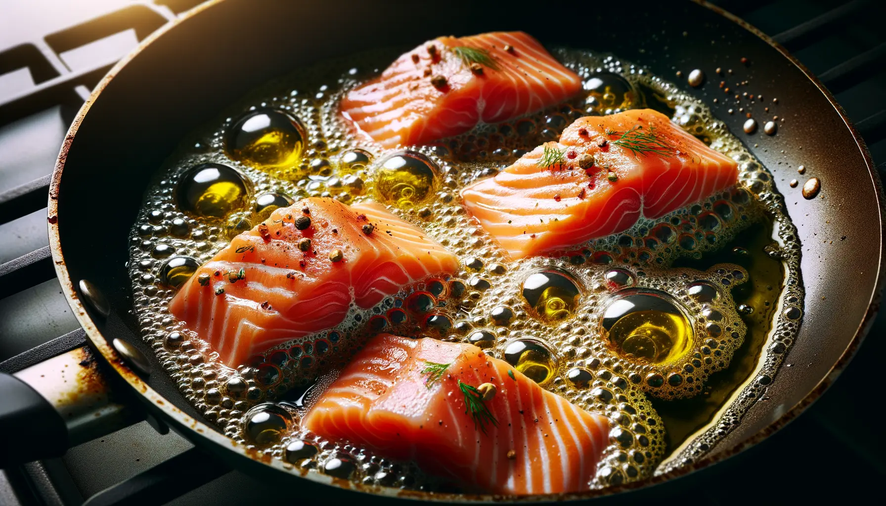 Frischer Lachs wird in einer Pfanne mit Öl angebraten für Lachsnudeln