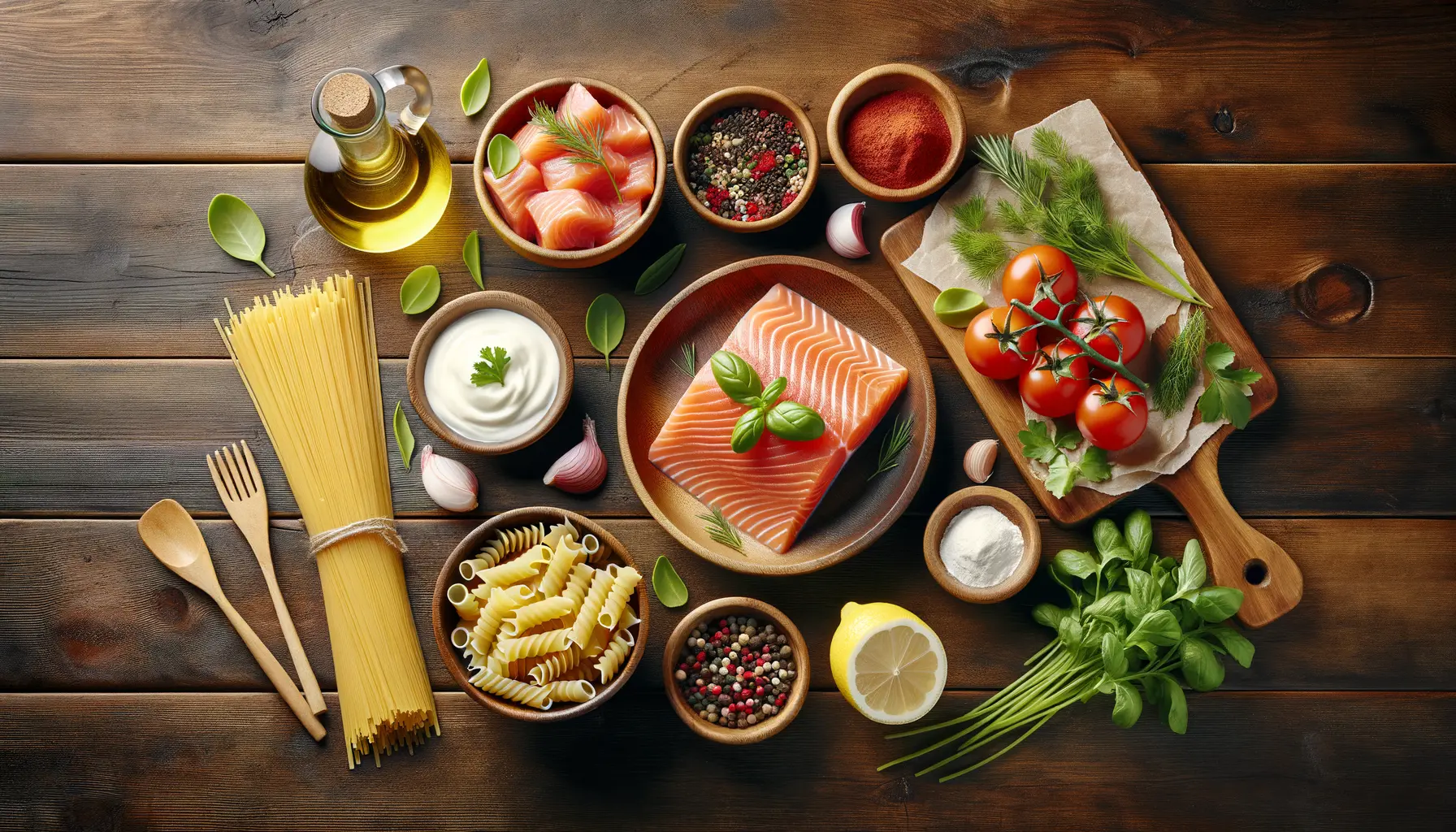 Zutaten für Lachsnudeln auf Holztisch – frischer Lachs, Pasta, Sahne, Kräuter, Zitrone