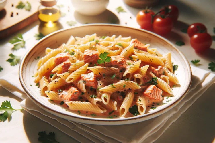 Lachsnudeln mit frischem Lachs und cremiger Sauce auf weißem Teller