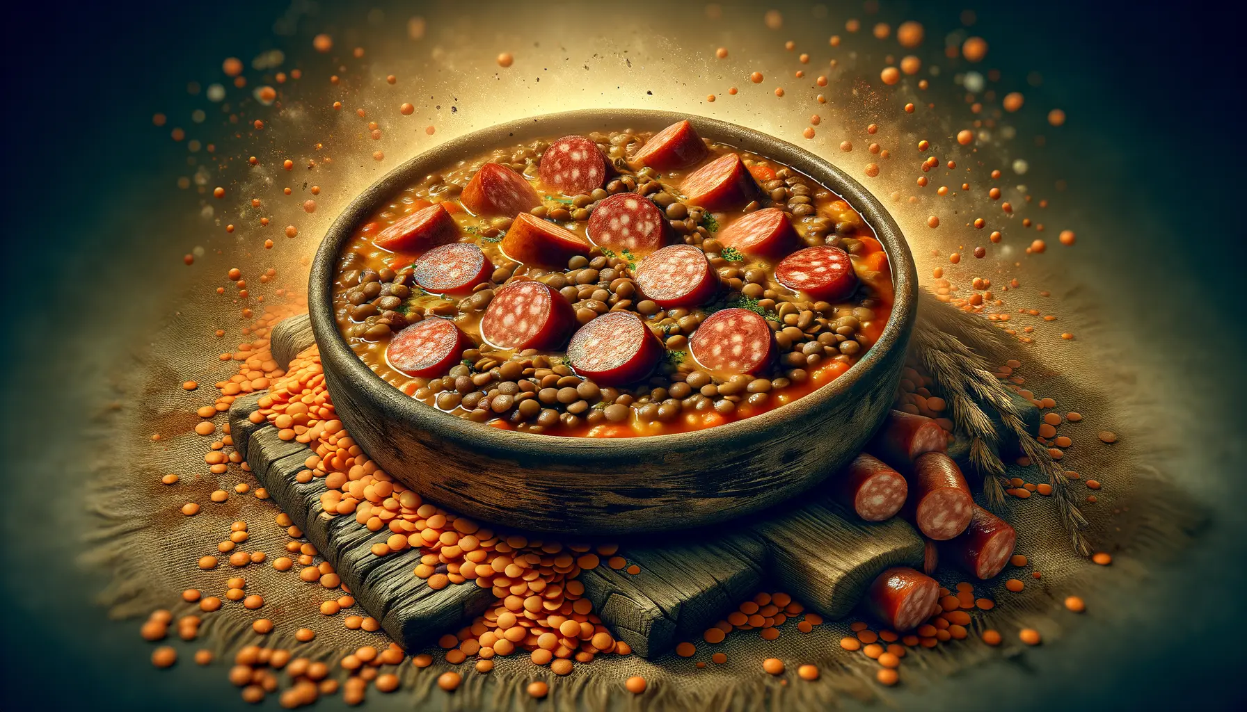 Klassischer Linseneintopf mit roten und braunen Linsen und Würstchen