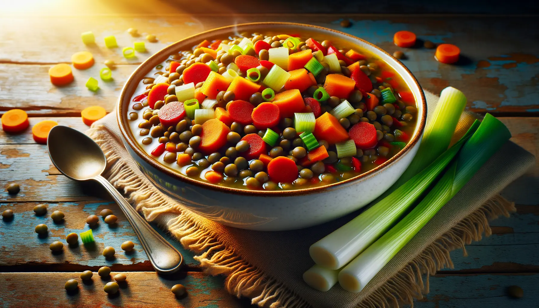 Vegetarischer Linseneintopf mit Karotten, Sellerie und Lauch frisch serviert