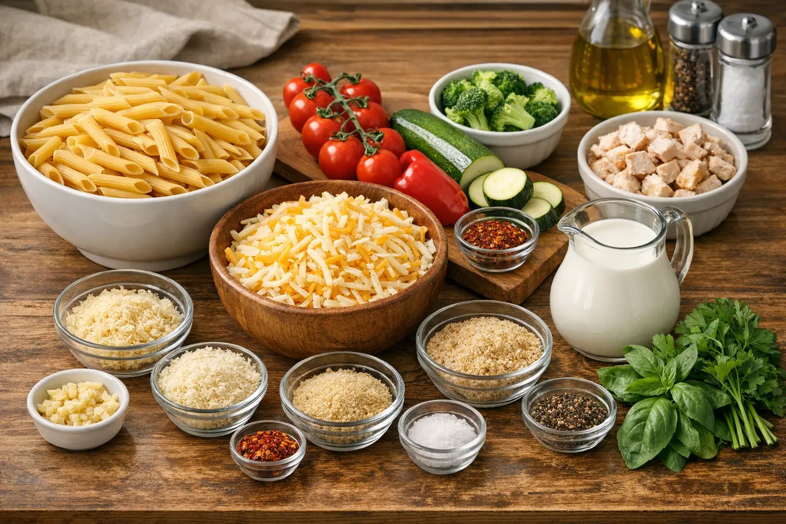 Nudelauflauf Rezepte: 15 einfache & cremige Varianten 2 Nudelauflauf Zutaten - Nudeln, Käse, Gemüse und Sahne arrangiert