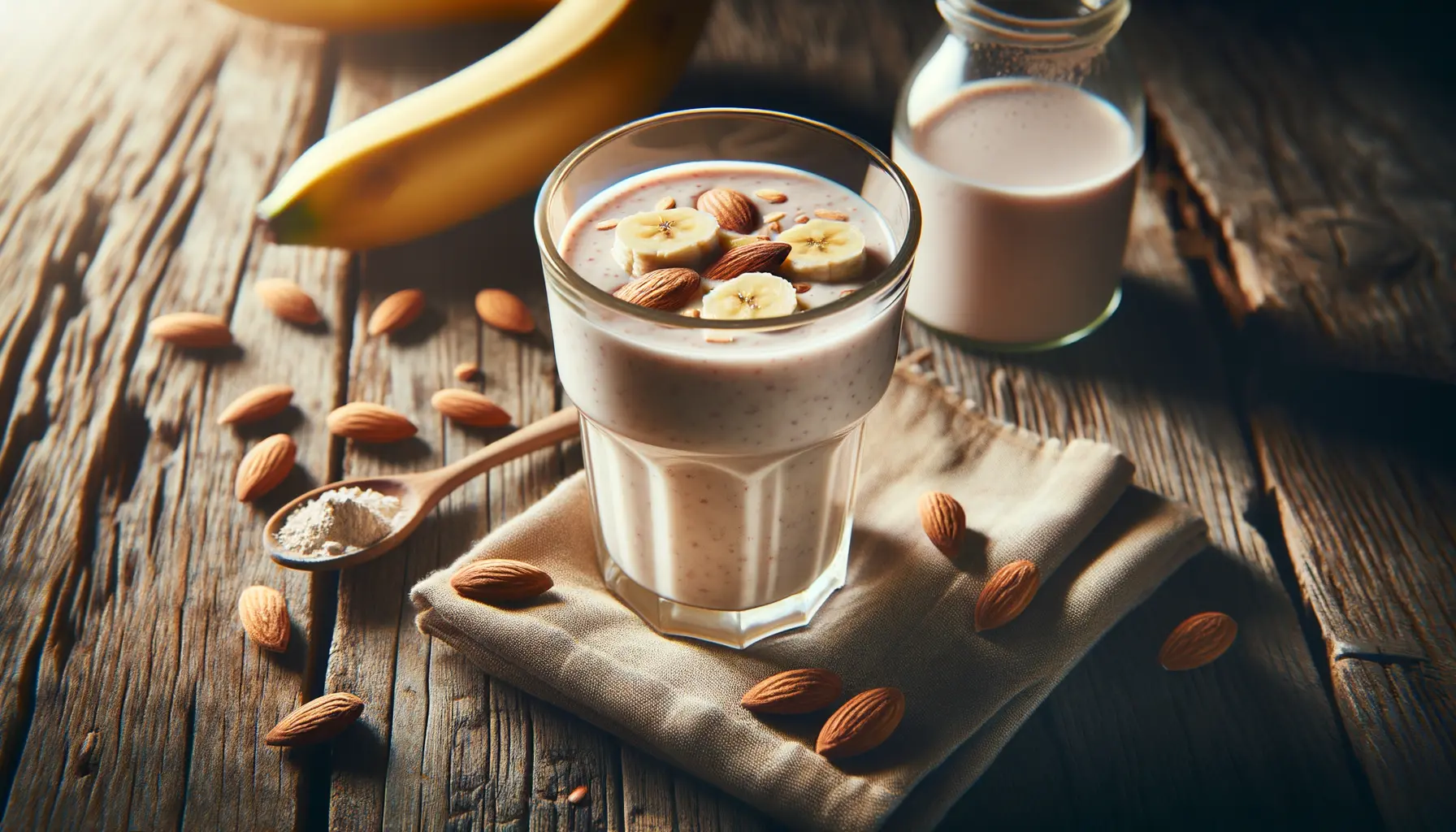 Protein-Frühstück Shake mit Banane, Mandelmilch und Proteinpulver in Glas