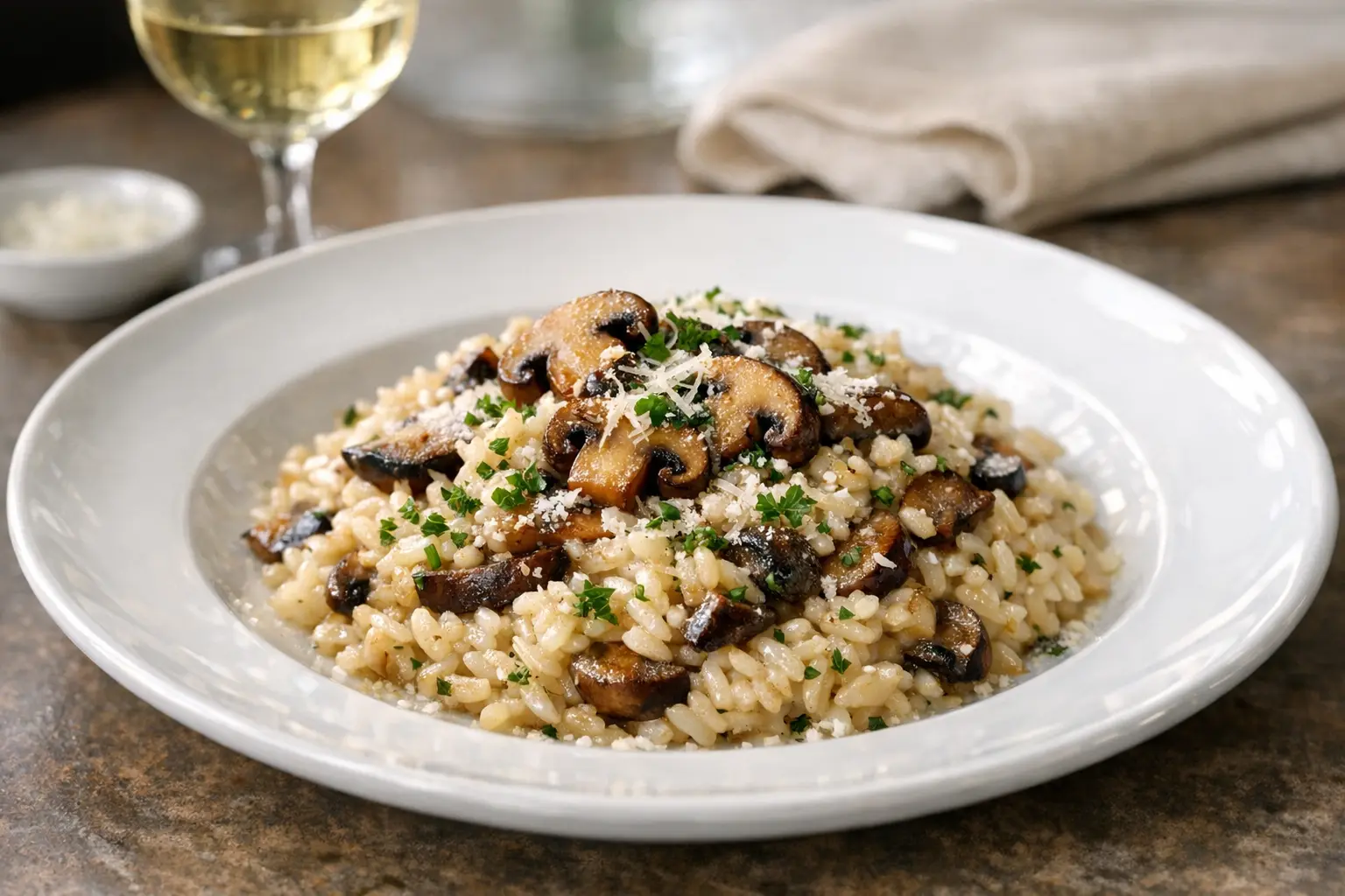 Risotto mit Pilzen: Cremiges Rezept in 30 Minuten 3 Risotto mit Pilzen elegant serviert mit Parmesan und Petersilie