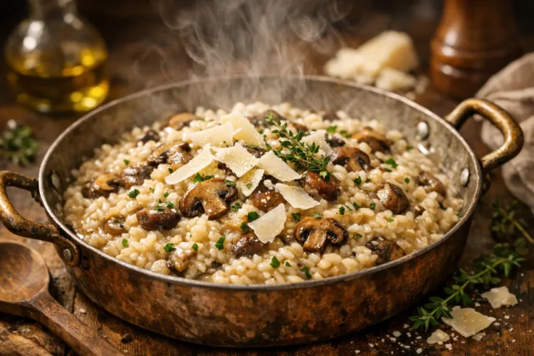 Risotto mit Pilzen cremig in Pfanne mit Parmesan und Kräutern