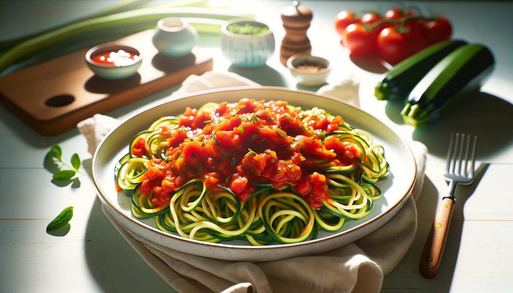 Schnelle Gerichte vegetarisch Zucchini-Nudeln mit Tomatensauce auf Teller