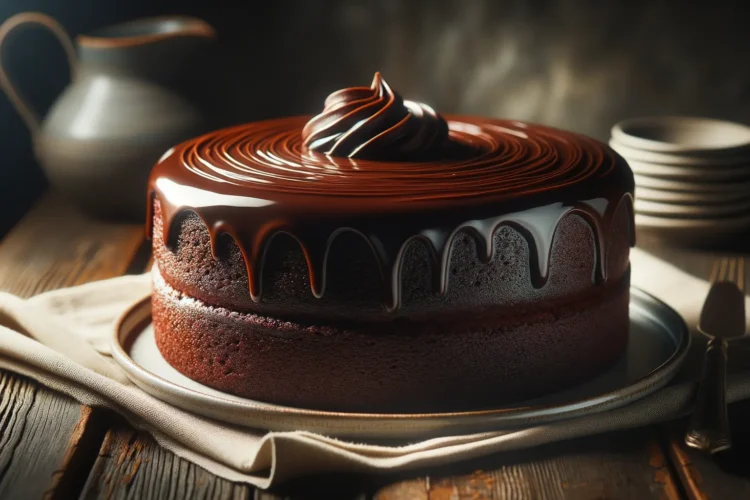 Saftiger Schokokuchen frisch gebacken auf Teller mit Schokoladenglasur