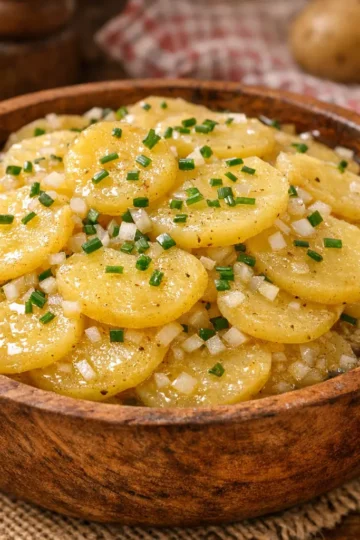 Schwäbischer Kartoffelsalat in Holzschüssel mit Zwiebeln und frischem Schnittlauch