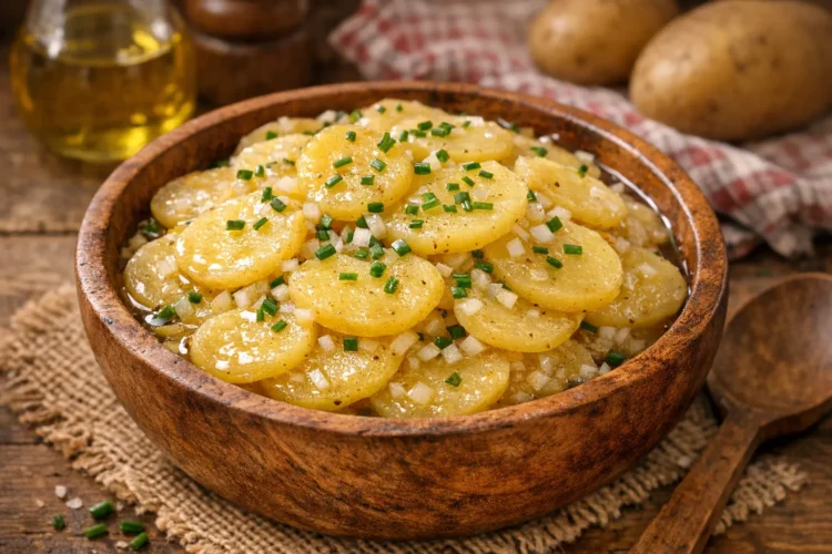 Schwäbischer Kartoffelsalat in Holzschüssel mit Zwiebeln und frischem Schnittlauch