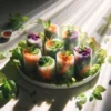 Frische Sommerrollen mit Gemüse und Kräutern auf Teller