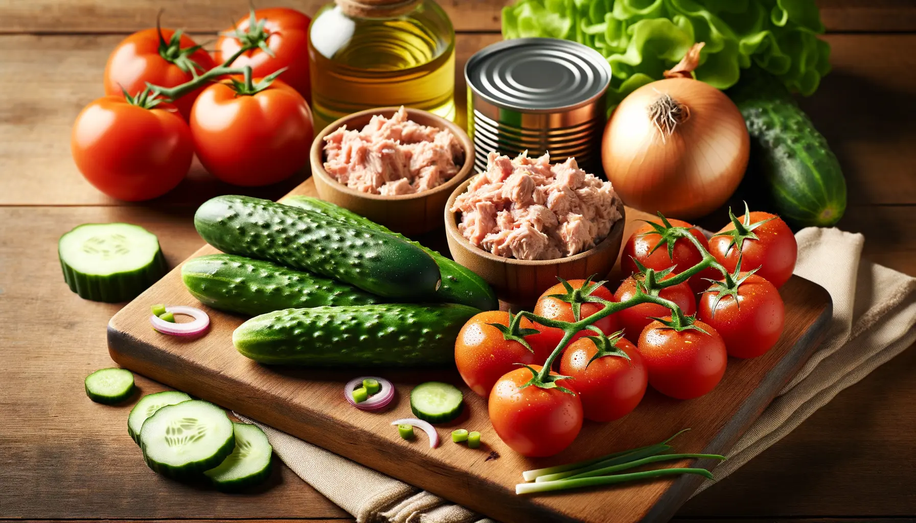 Frische Zutaten für Thunfischsalat mit Gemüse und Thunfischdose