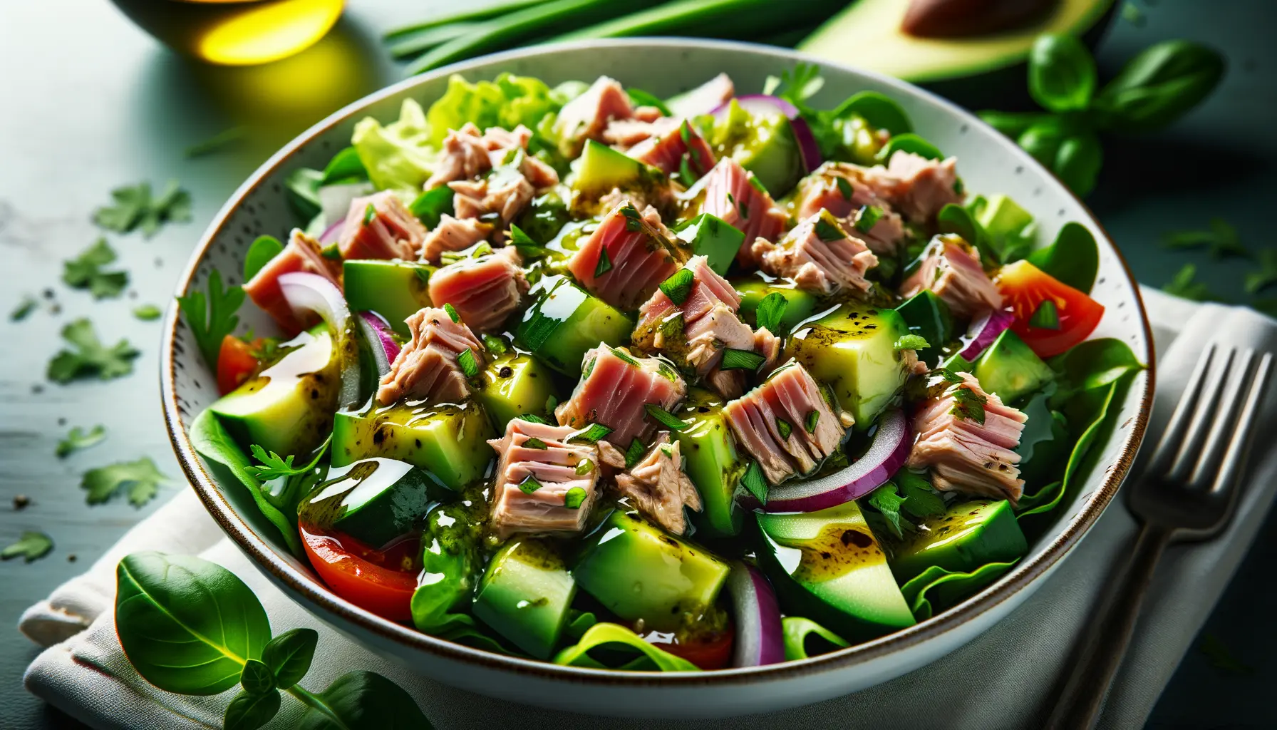 Fertiger Thunfischsalat in Schüssel mit Dressing und Kräutern
