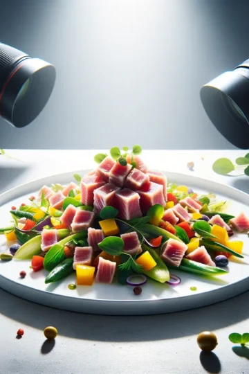 Frischer Thunfischsalat mit Gemüse und Kräutern auf Teller