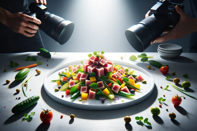 Frischer Thunfischsalat mit Gemüse und Kräutern auf Teller